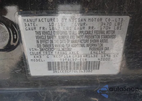 2016 Nissan Versa Note S (Sr)/S Plus/Sl/Sr/Sv из США, поврежденный, VIN 3N1CE2CP7GL363382